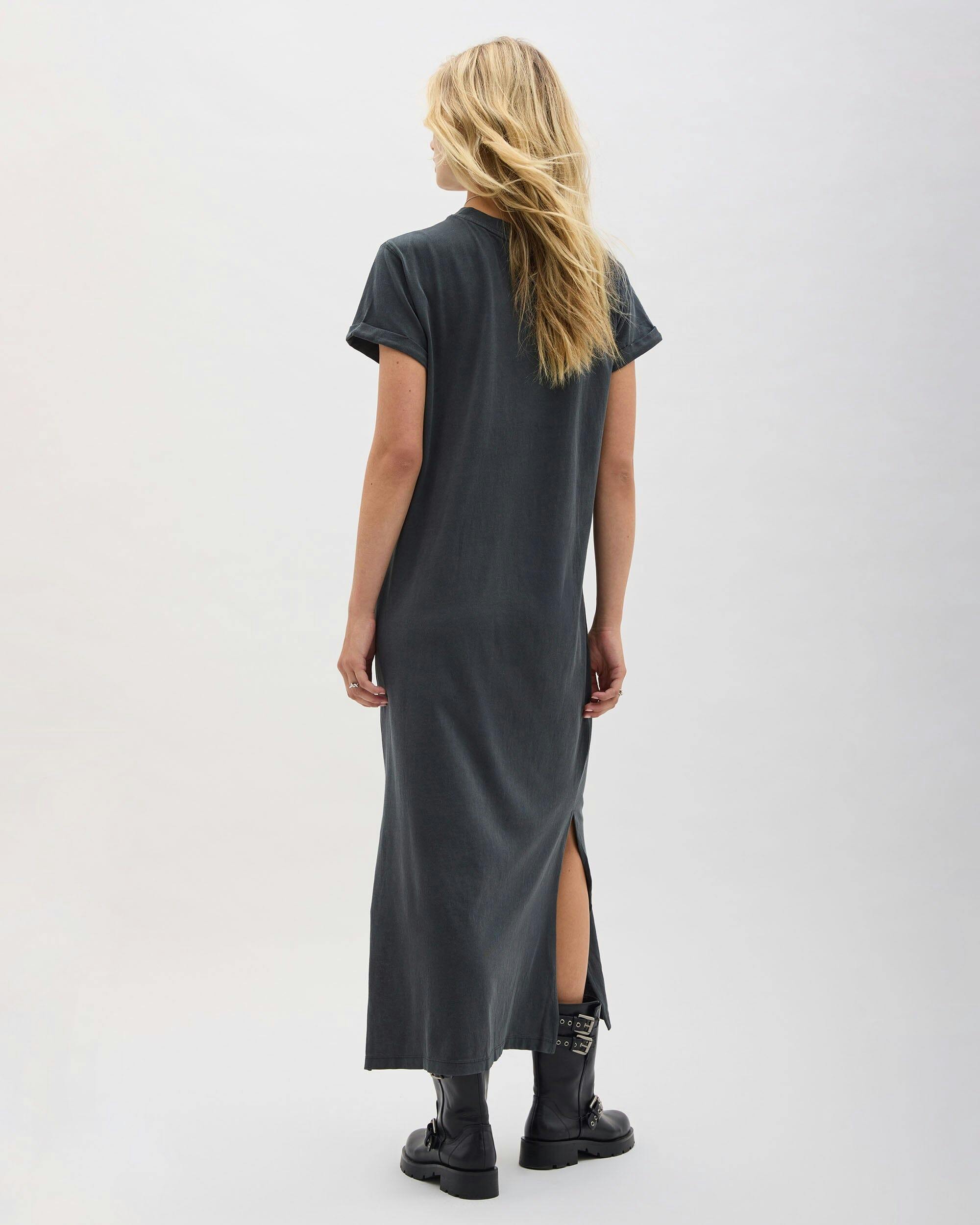 Womens Relaxed Tee Maxi Dress - Pigment Dye Jersey - Stretch Limo