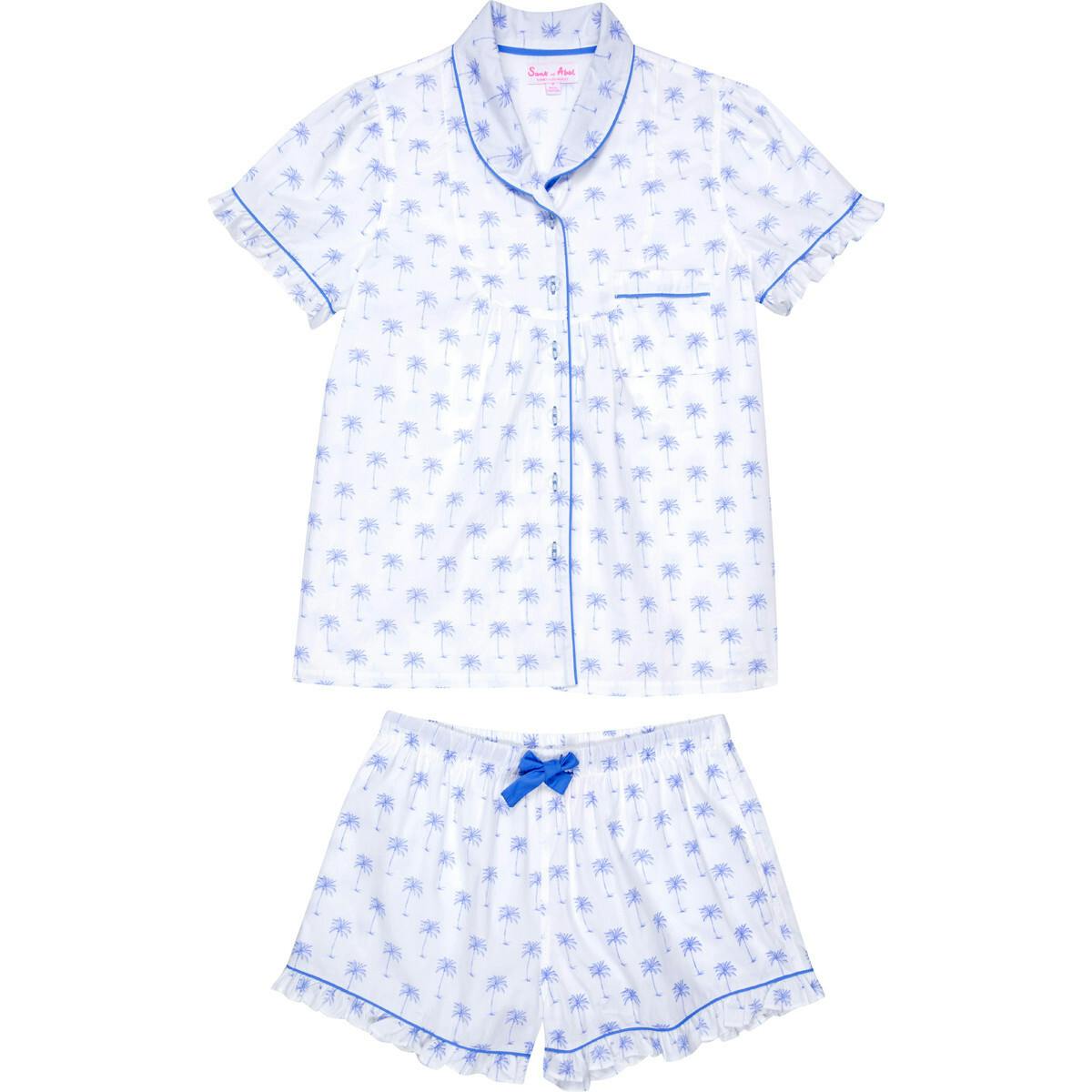 Women's Blue Palm Tree Short PJ Set - Organic Cotton Poplin