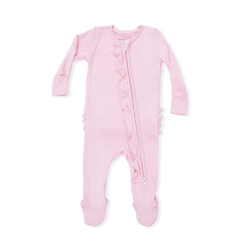 Solid Romance Rose Rib - 2 Way Ruffle Front Zipper Footie
