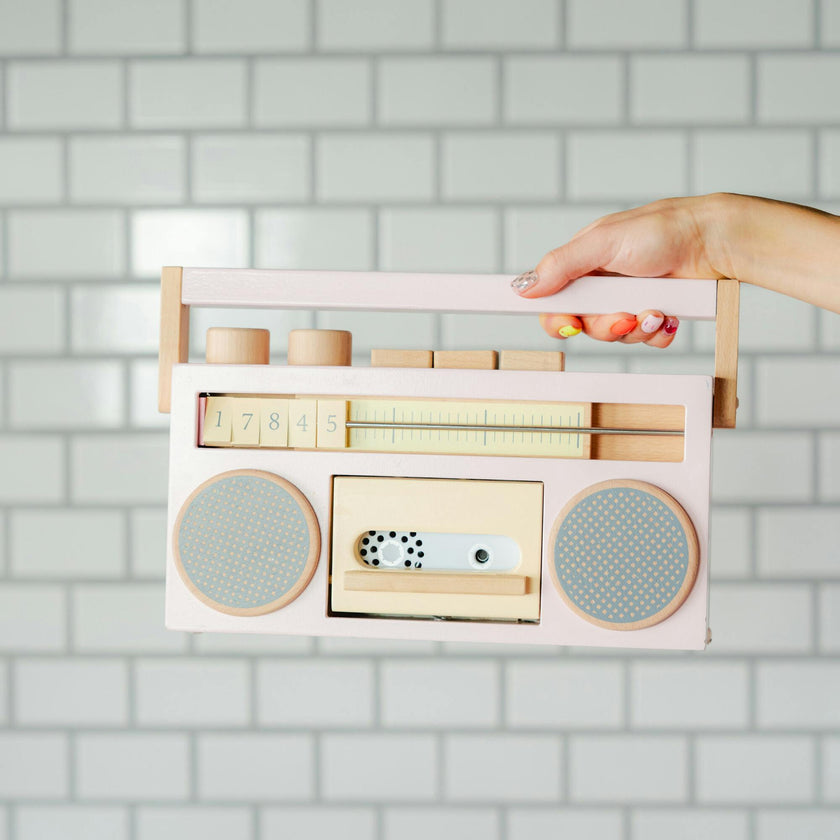 retro wooden boombox tape recorder
