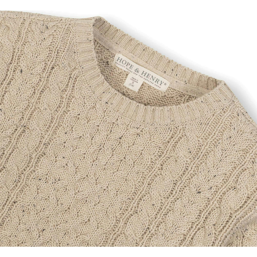 Organic Long Sleeve Fisherman Cable Pullover Sweater, Beige