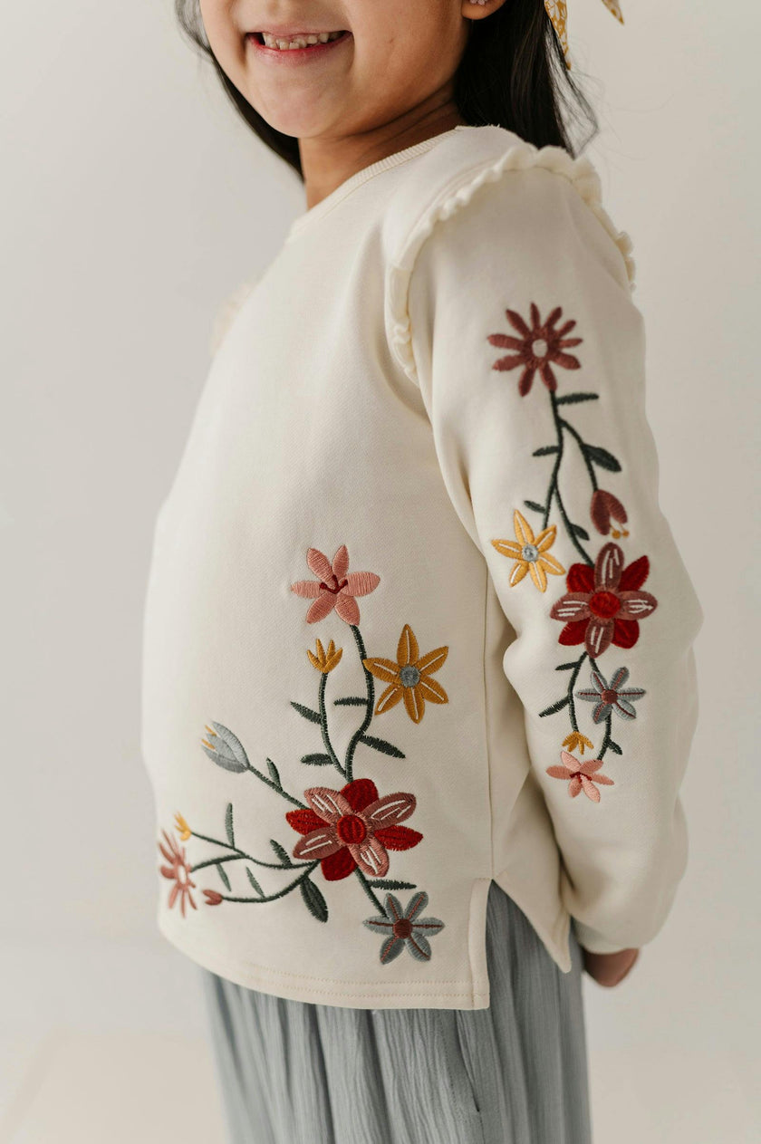 Girls Raw Edge Sweatshirt in Addison Embroidery Floral