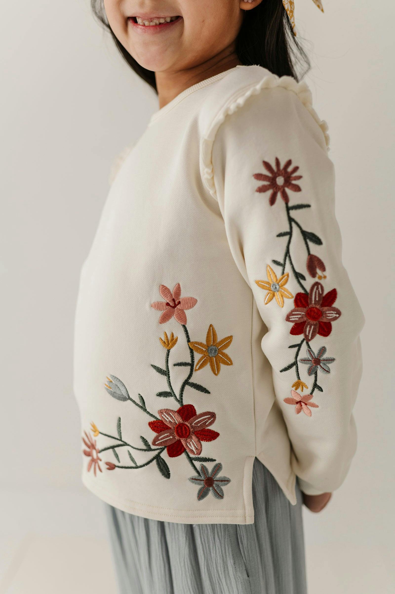 Girls Raw Edge Sweatshirt in Addison Embroidery Floral