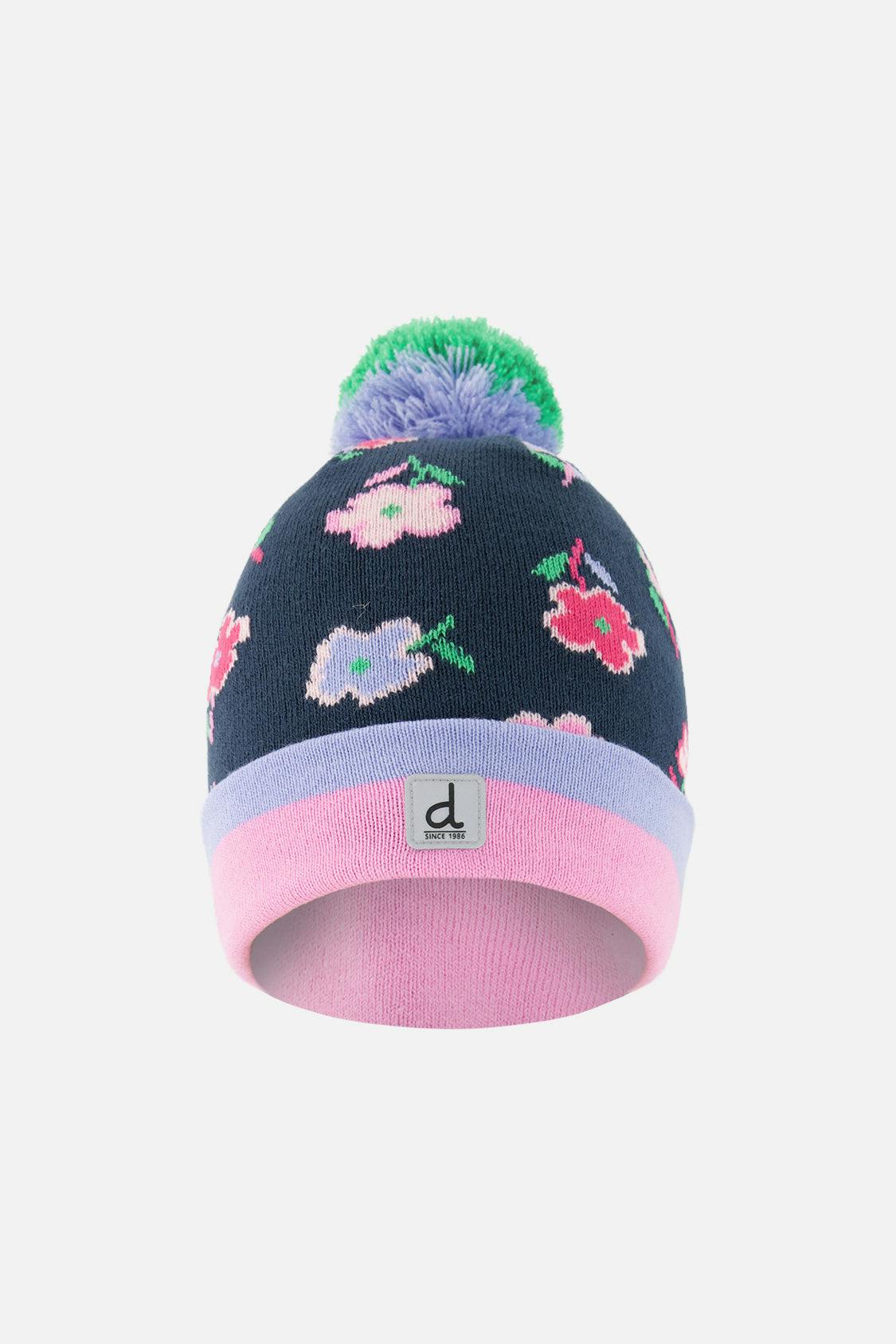 Winter Knit Hat With Pompom Blue Floral Print