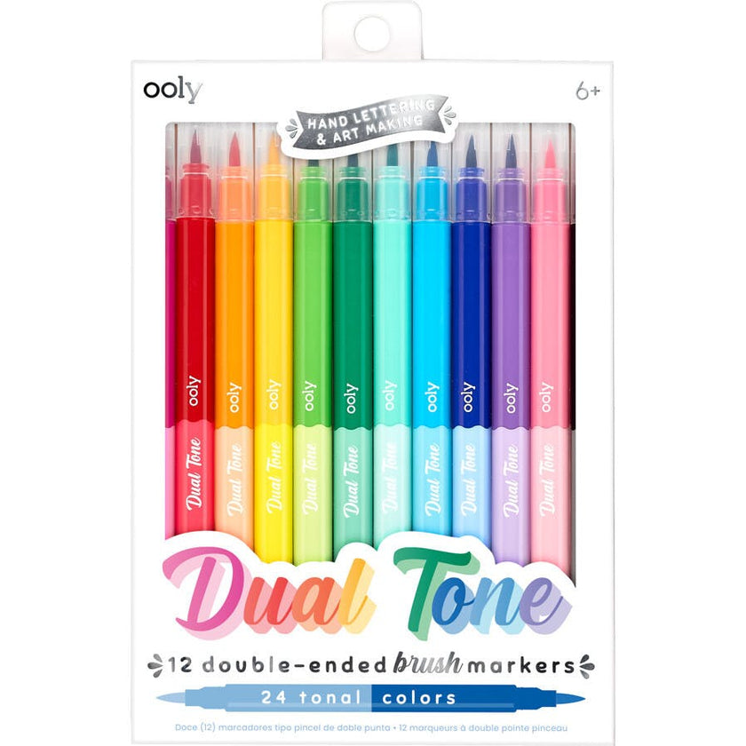 Dual Tone Double Ended Brush Marker - 24 Colors - Set of 12
