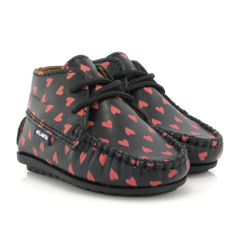 Smooth Leather Moccasin Boots, Black with Red Hearts Print
