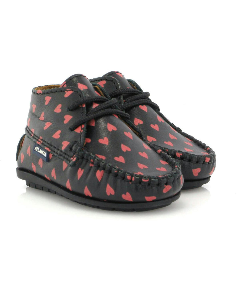 Smooth Leather Moccasin Boots, Black with Red Hearts Print