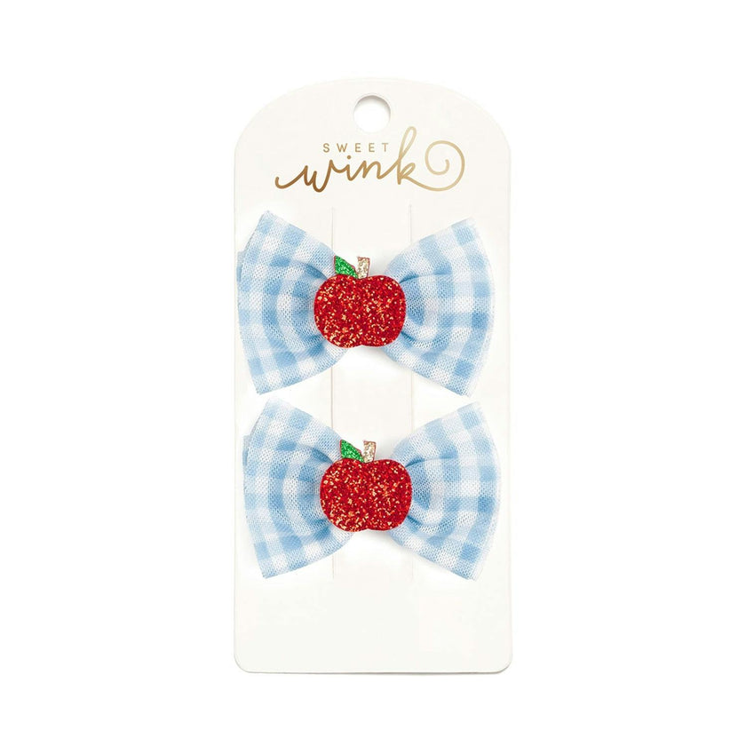Apple Gingham Tulle Bow Clip Set