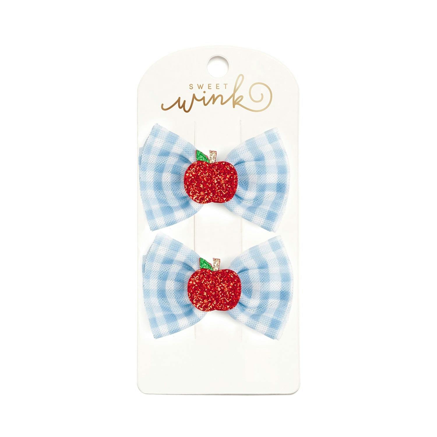 Apple Gingham Tulle Bow Clip Set