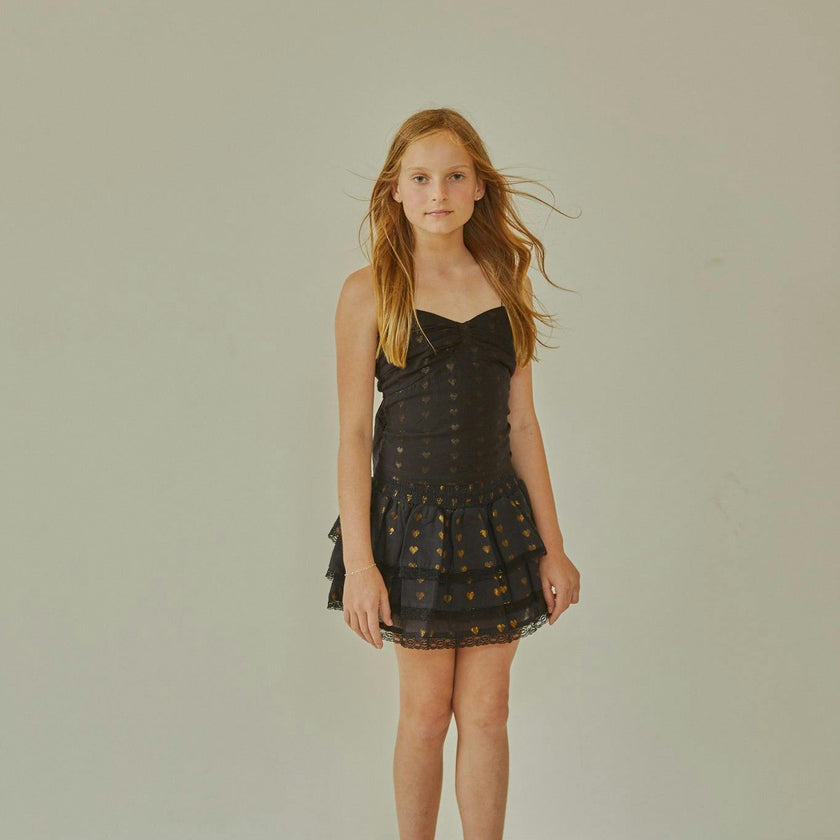 Gemma Black With Black Lace Heart Lurex Smocked Ruffle Mini Skirt