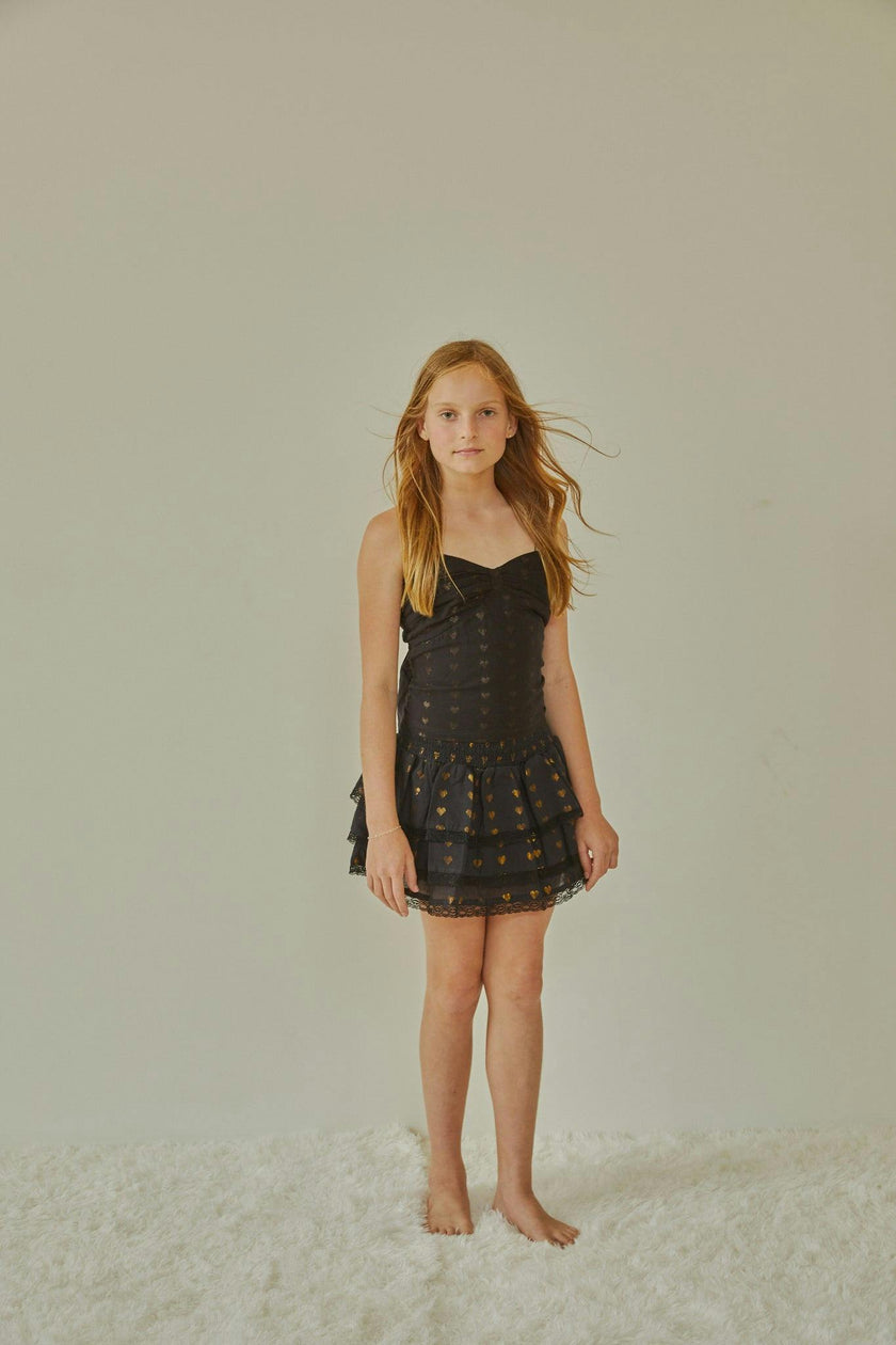 Gemma Black With Black Lace Heart Lurex Smocked Ruffle Mini Skirt