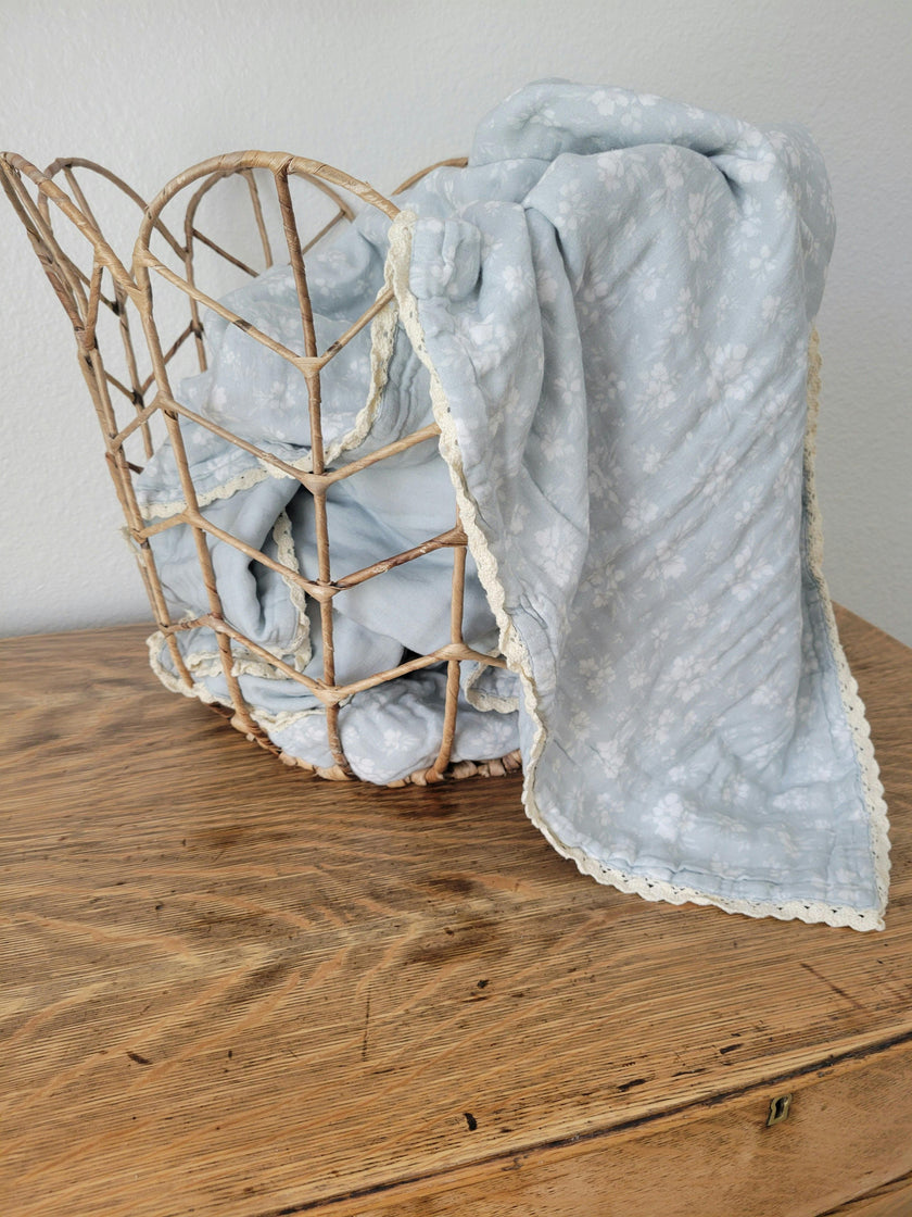 Daphne Icy Blue Floral QUILTED 6 Layer Gauze Blanket