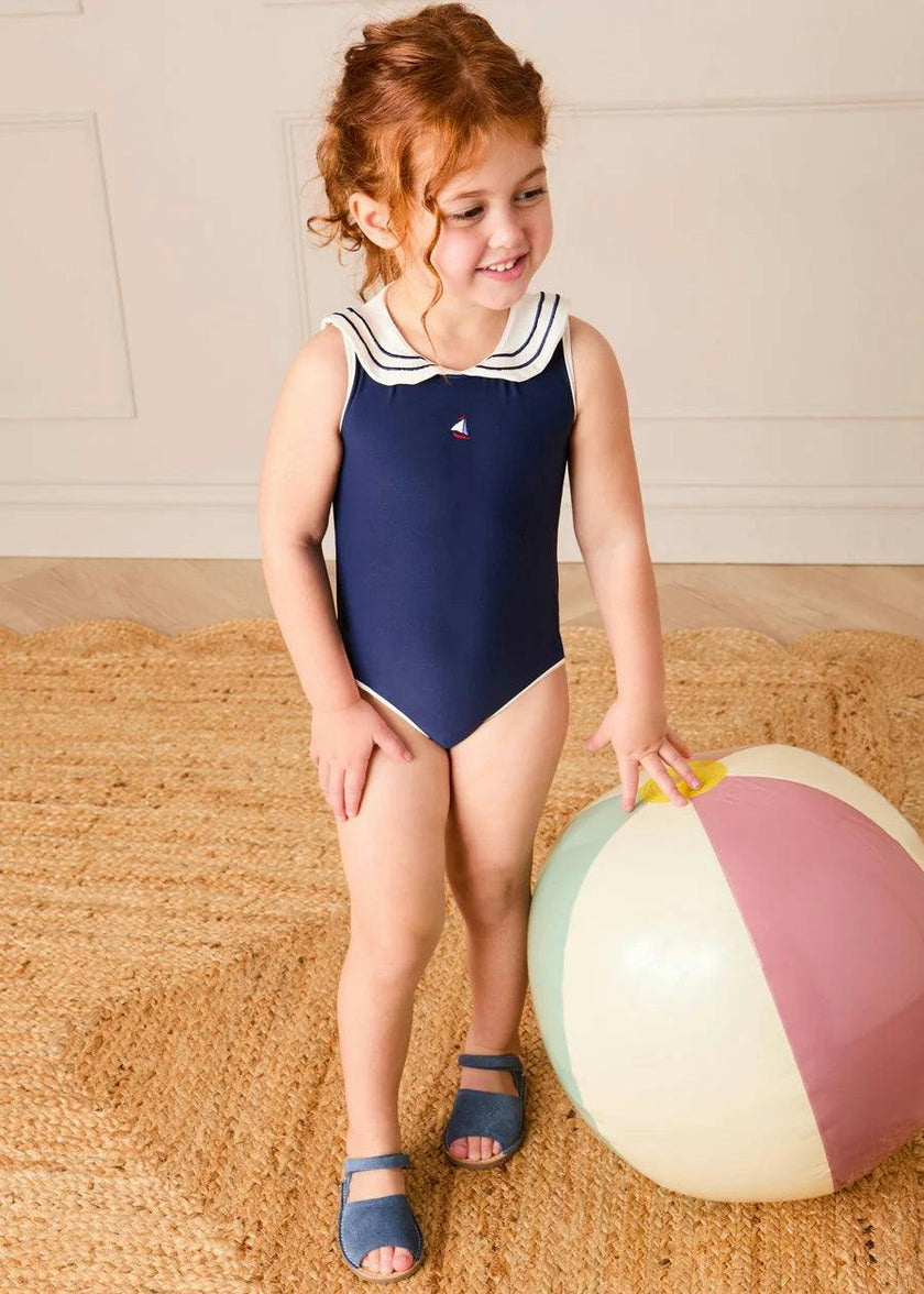 Mariner Collar Embroidered Boat Motif Swimsuit in Navy (12mths-10yrs)