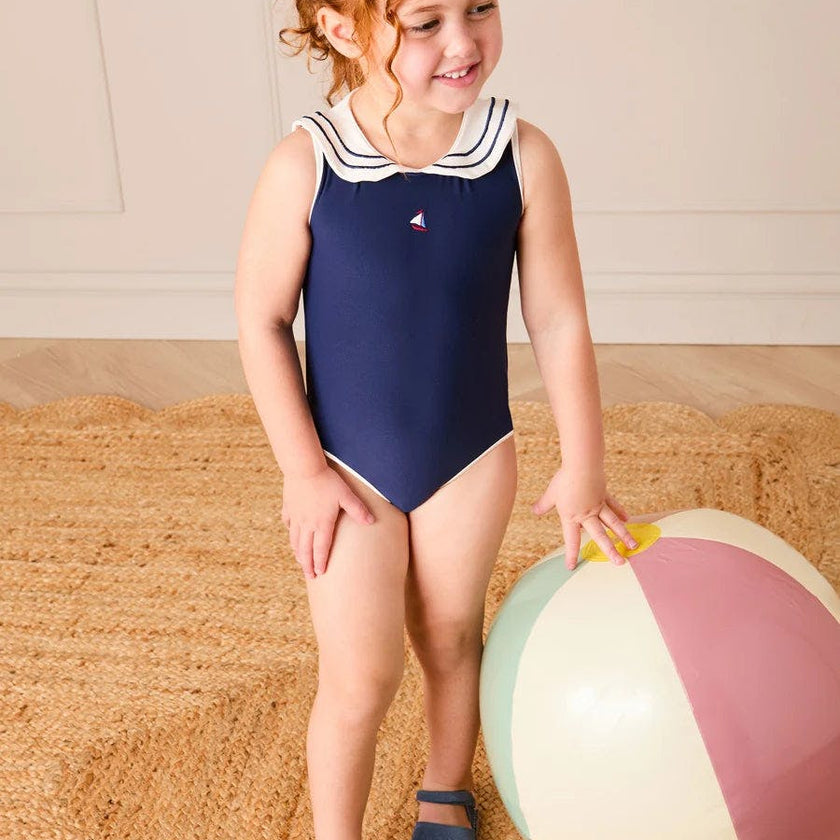 Mariner Collar Embroidered Boat Motif Swimsuit in Navy (12mths-10yrs)