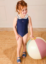 Mariner Collar Embroidered Boat Motif Swimsuit in Navy (12mths-10yrs)