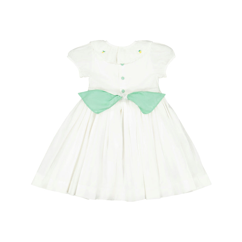 Victoria White Smocked Dress with Hand-Embroidered Lemons