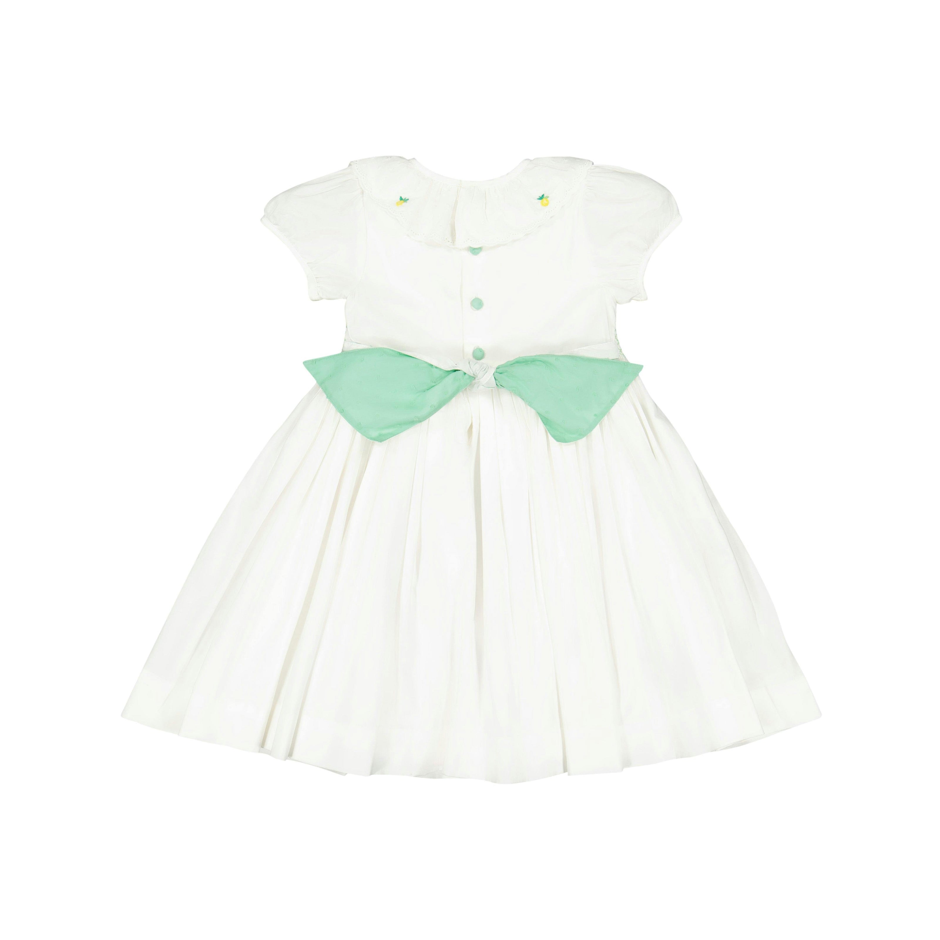 Victoria White Smocked Dress with Hand-Embroidered Lemons