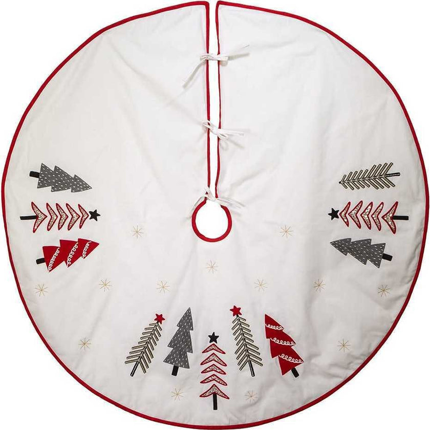 50-Inch Ivory, Green & Red Tree Embroidered Tree Skirt