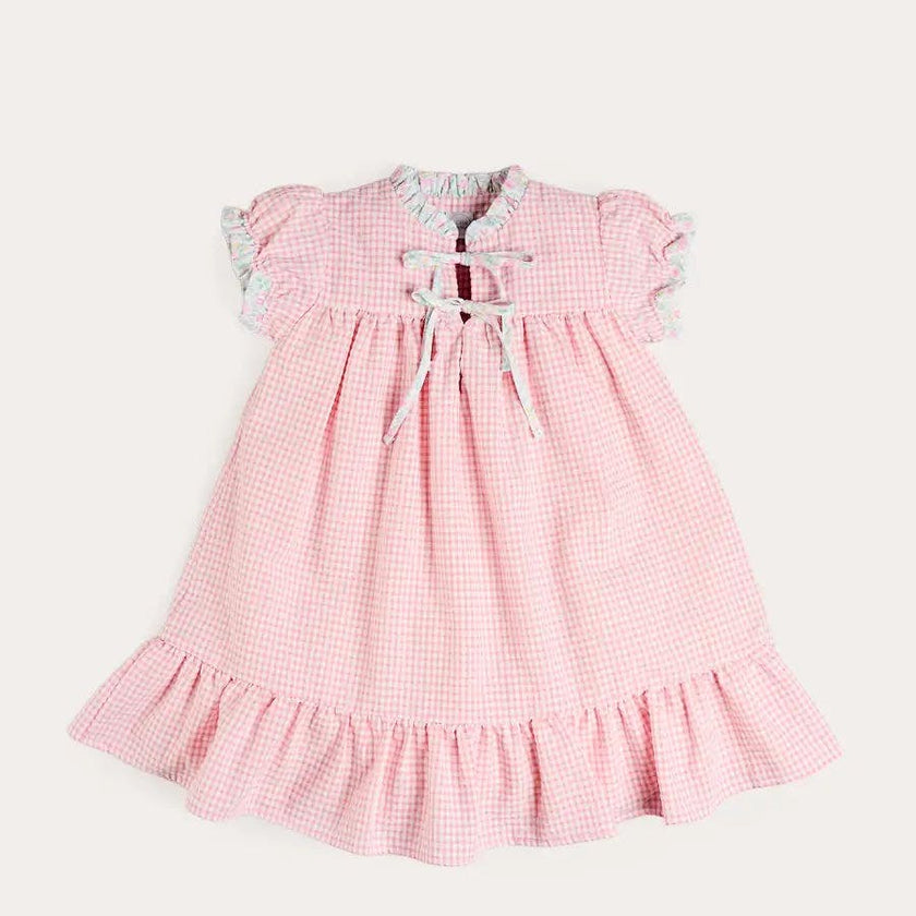 Beauchamp Gingham Ruffle Hem Floral Trim Night Dress in Pink (18mths- 10yrs)