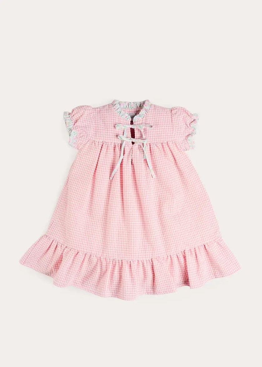 Beauchamp Gingham Ruffle Hem Floral Trim Night Dress in Pink (18mths- 10yrs)