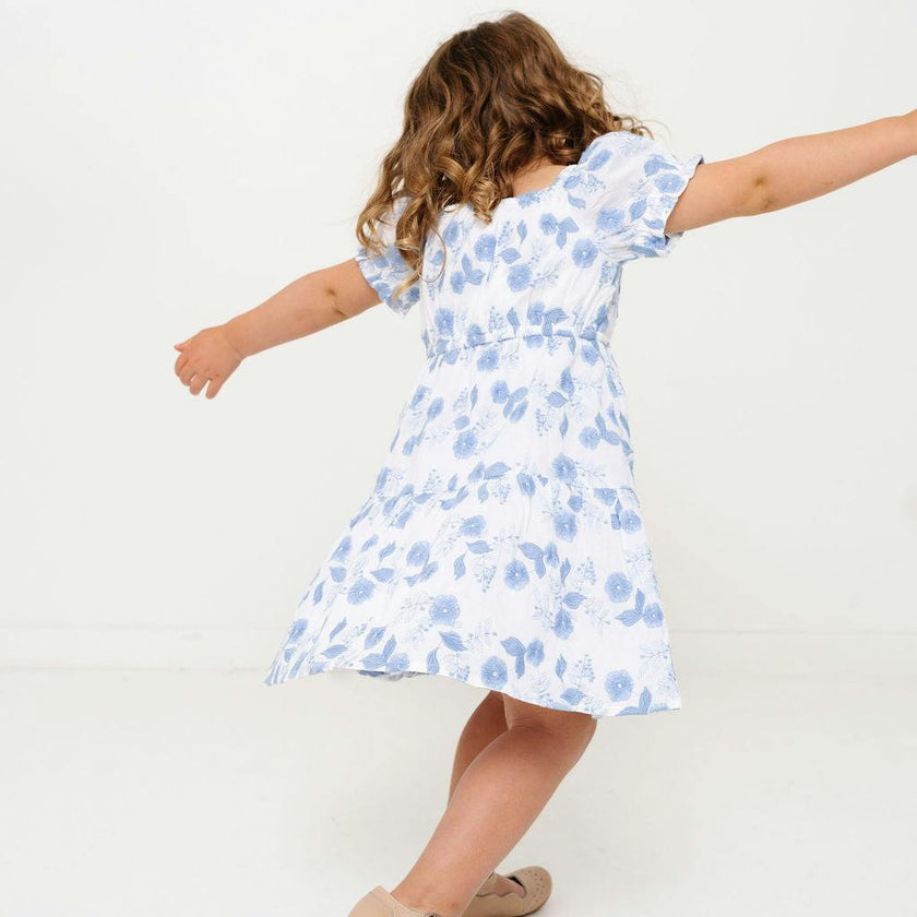 Blue Floral Embroidery Girls Joy Dress