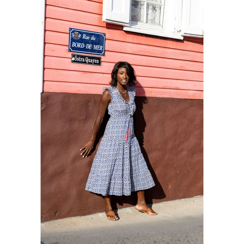 Giselle women's maxi dress navy ikat,