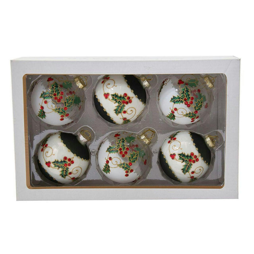 Kurt Adler 80MM Holly Leaves and Berries Glass Ball Ornaments, 6-Piece Set
