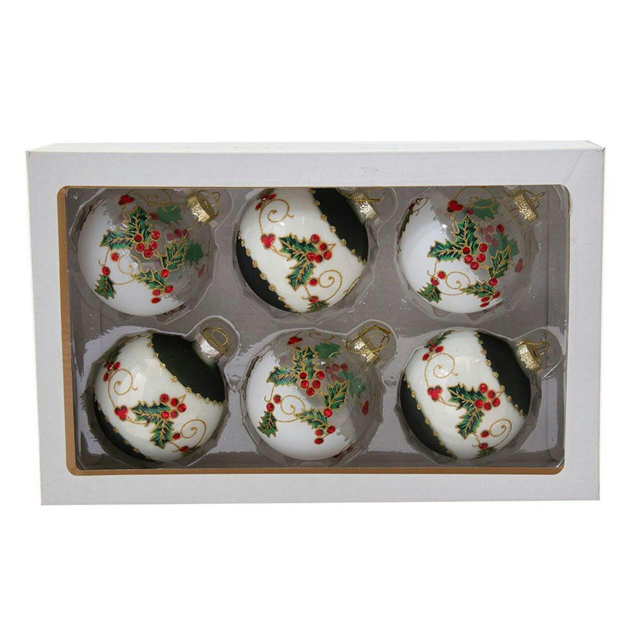 Kurt Adler 80MM Holly Leaves and Berries Glass Ball Ornaments, 6-Piece Set