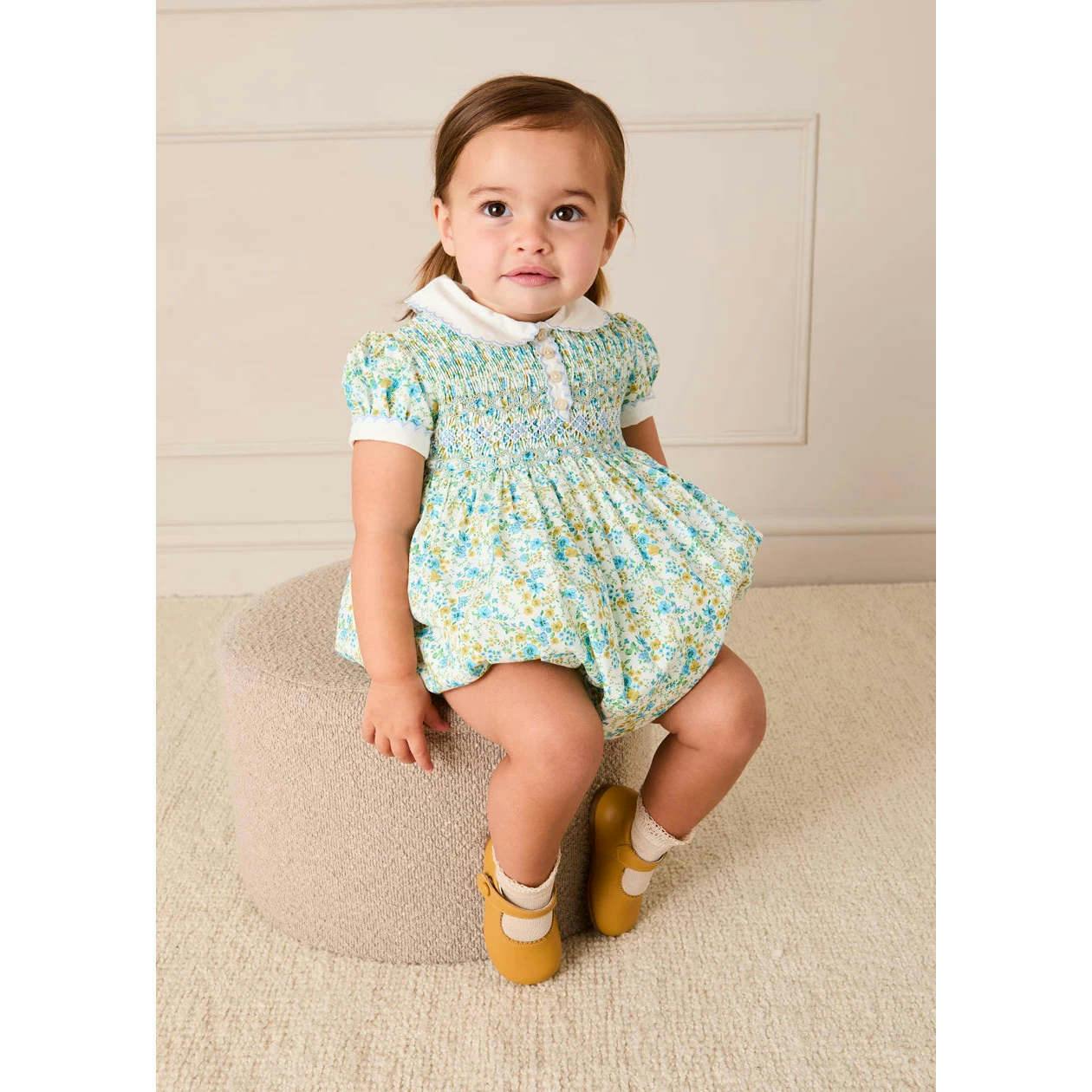 Louisa Floral Hand Smocked Short Sleeve Romper in Blue (3mths-2yrs)