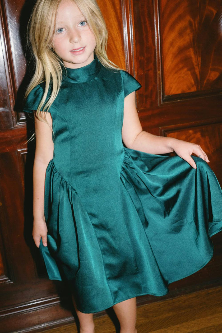 Mini Harriet Bow Dress in Emerald Satin