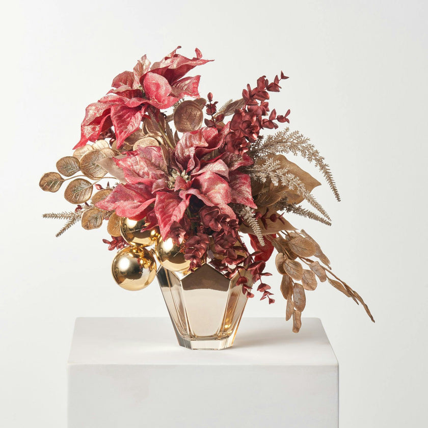 24 Karat Christmas - Gold Dust Poinsettia & Gold Ornament Ball Arrangement in Diamond Vase Holiday Centerpiece