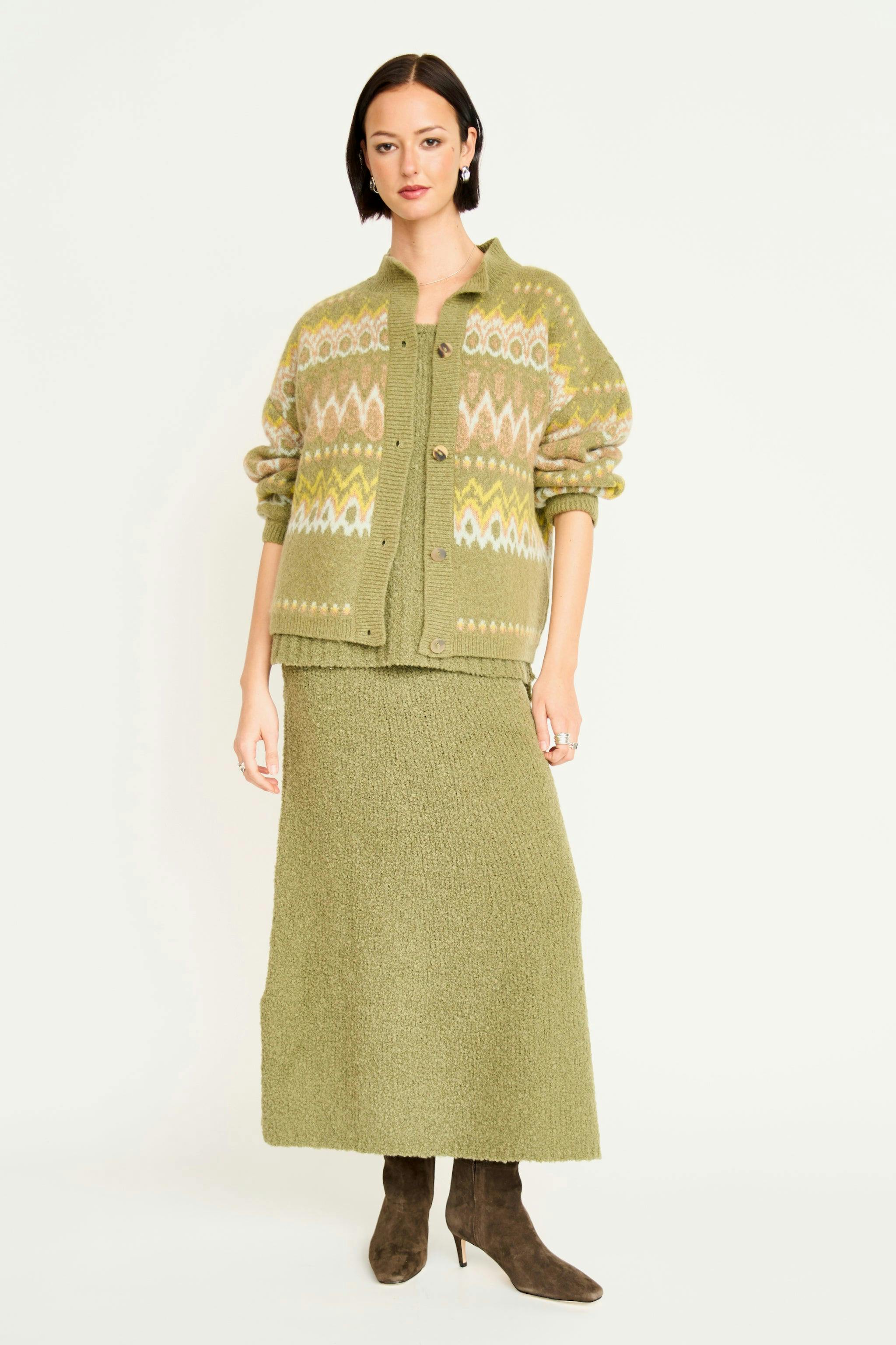 Cusco Fairisle Knit Cardigan in Olive Oil