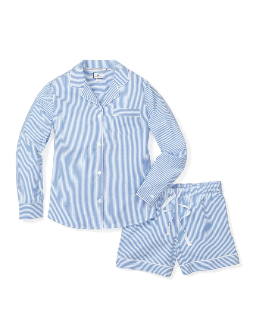 Women's Twill Long Sleeve Short Set in French Blue Heritage Stripe