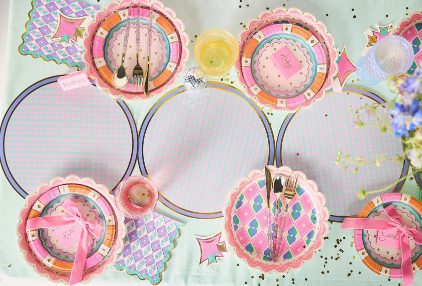 Packed Party Circus Soiree Round Paper Placemats 10ct - Gold Foil Purple Teal Blue Plaid 15 Inch Placemats for Circus Birthday Tables