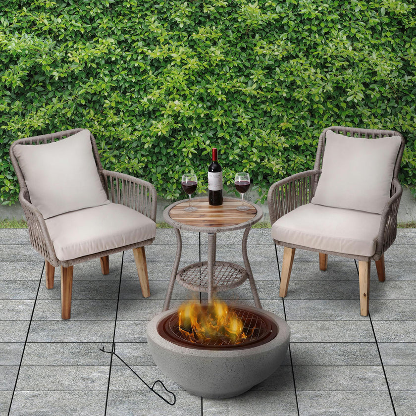 Outdoor 24" Wood Burning Fire Pit with Grill Grate and Faux Concrete Base Gray