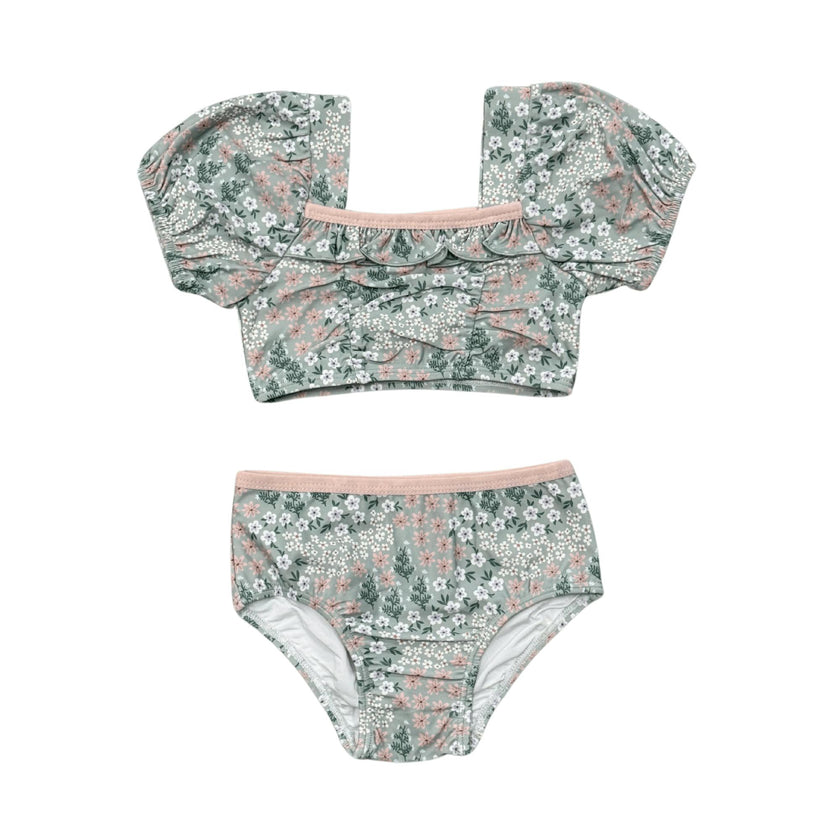 Girls Puff Sleeve Two-Piece Swimsuit in Aqua Grey Floral