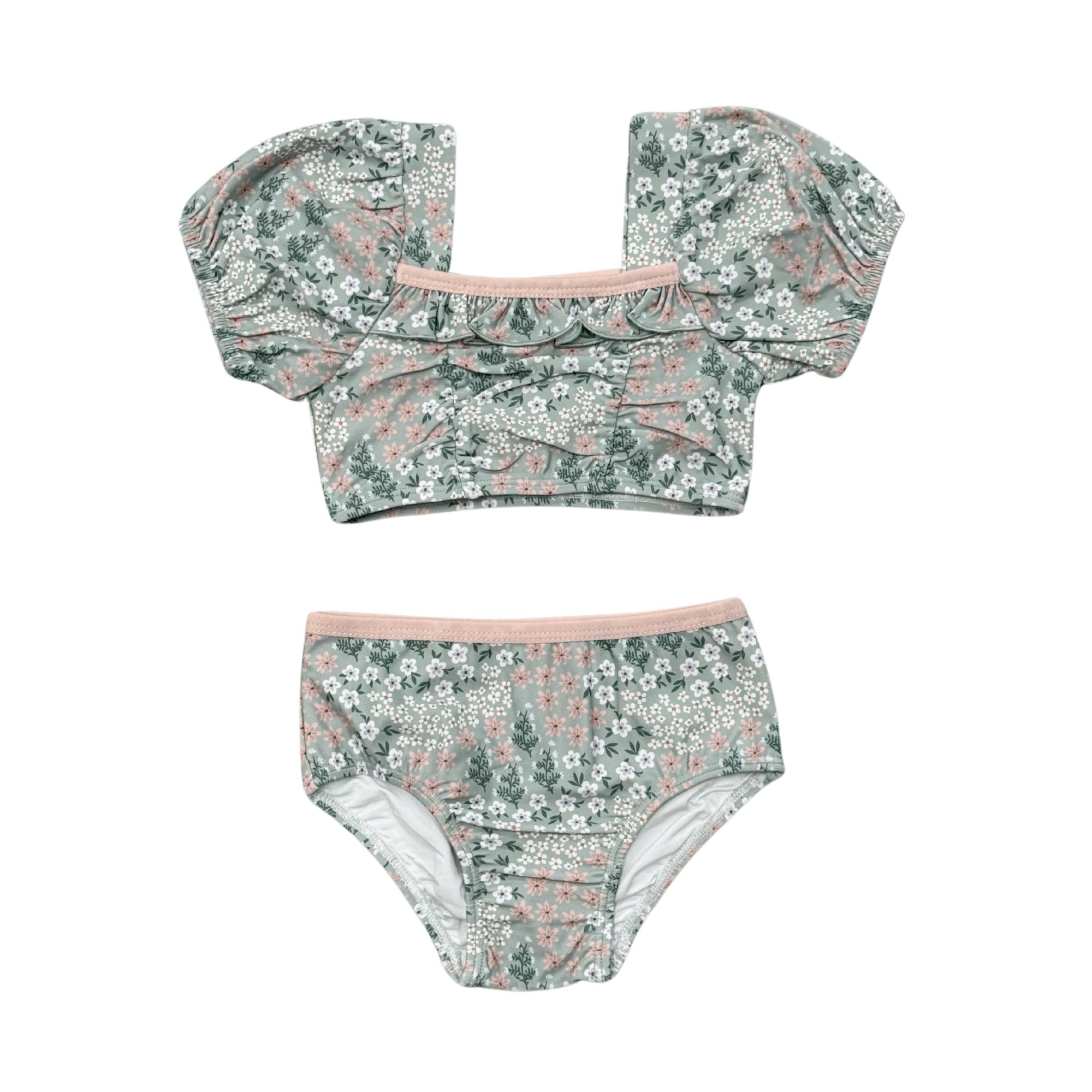 Girls Puff Sleeve Two-Piece Swimsuit in Aqua Grey Floral