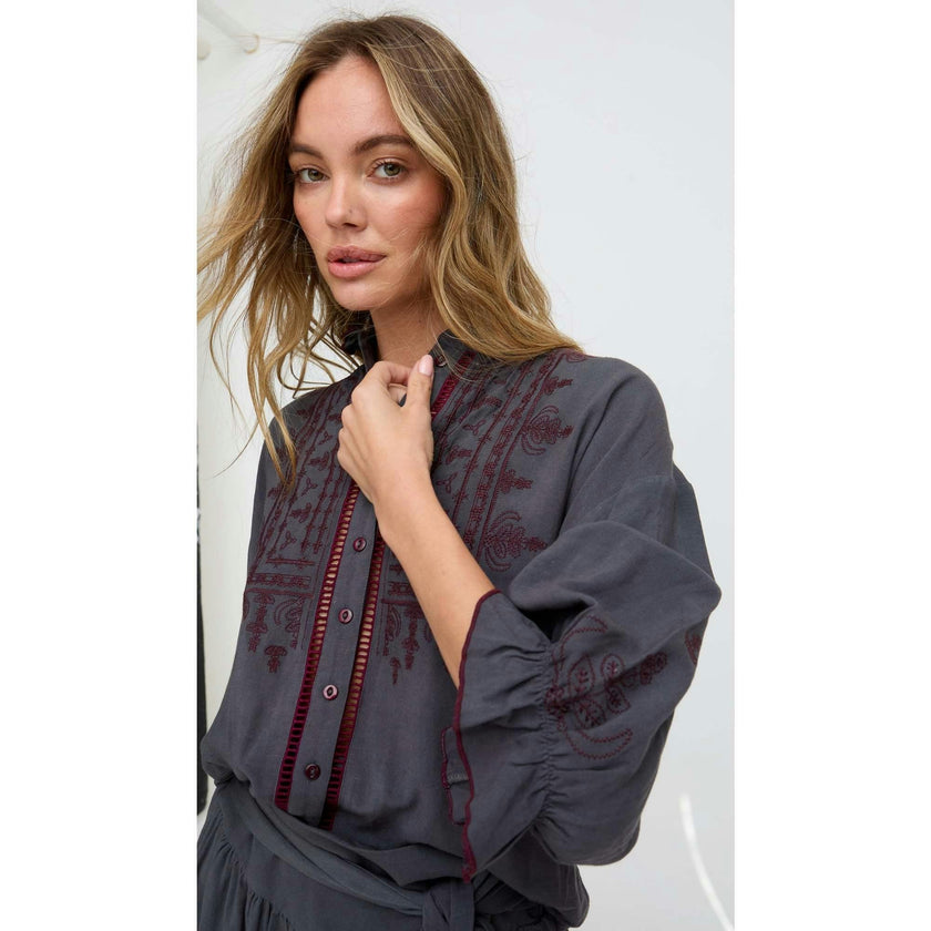 Julie Ruffle Neck Embroidered Shirt