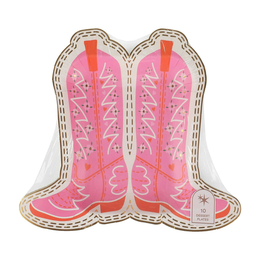Packed Party Cowboy Boot Die-Cut Paper Dessert Plates 10ct - Gold Foil Pink Boot-Shaped Party Plates, 8 Inch, High Quality 350 GSM