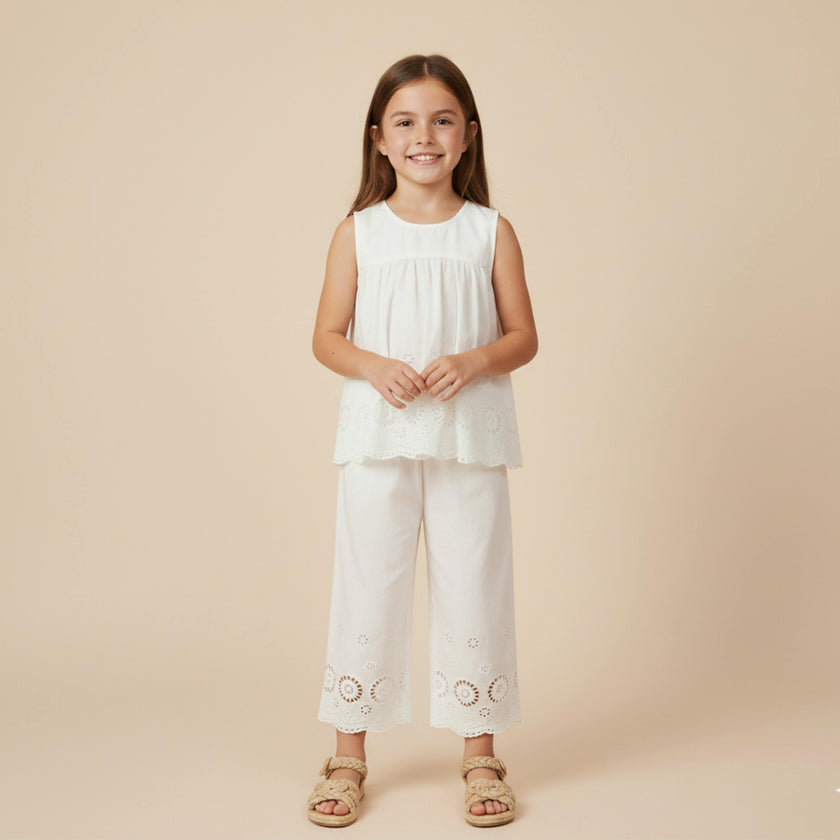 Organic Eyelet Top And Pant Set - Ivory Eyelet