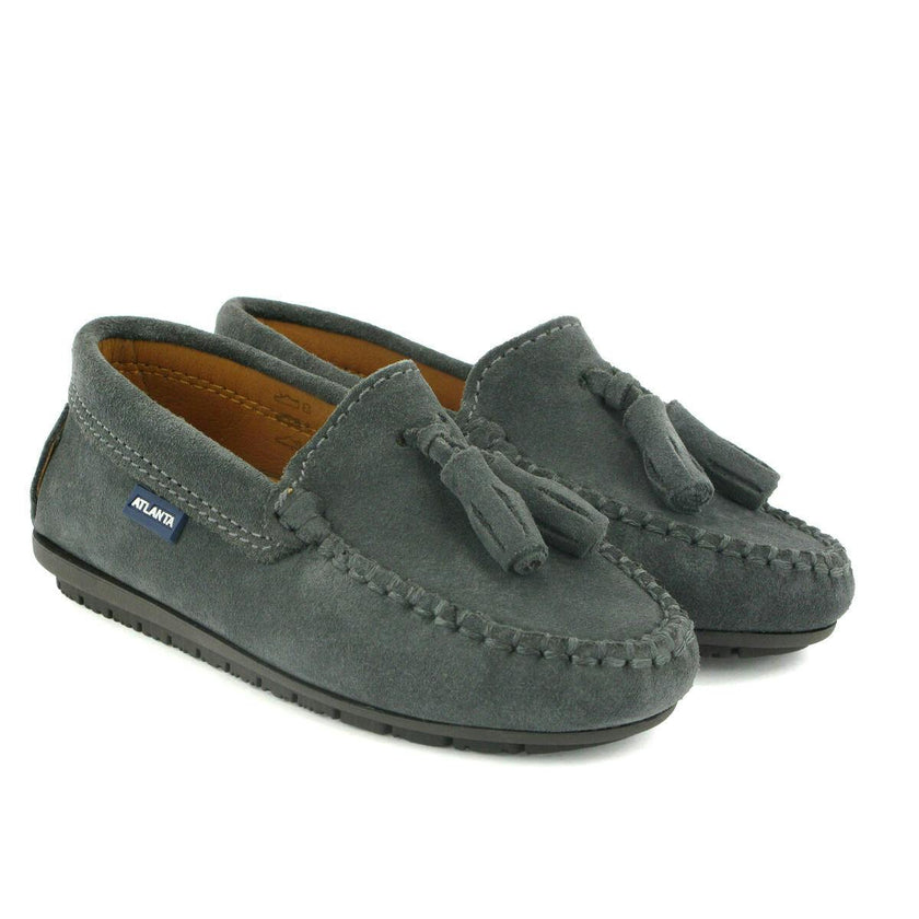 Suede Leather Tassel Moccasins, Grey