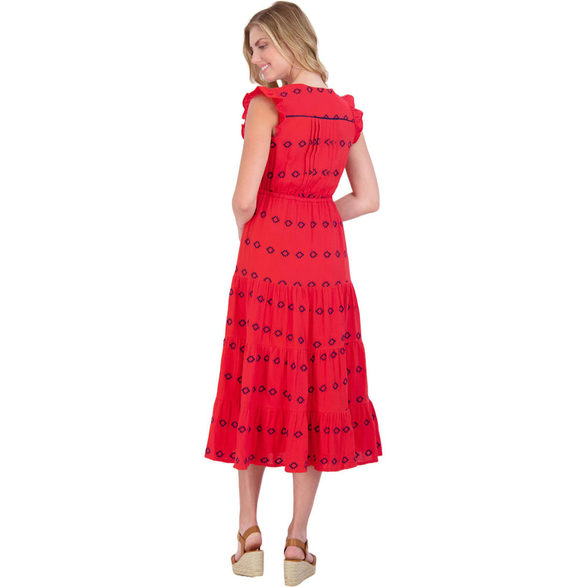 Women's Giselle Ruffle V-Neck Embroidered Maxi Dress, Red