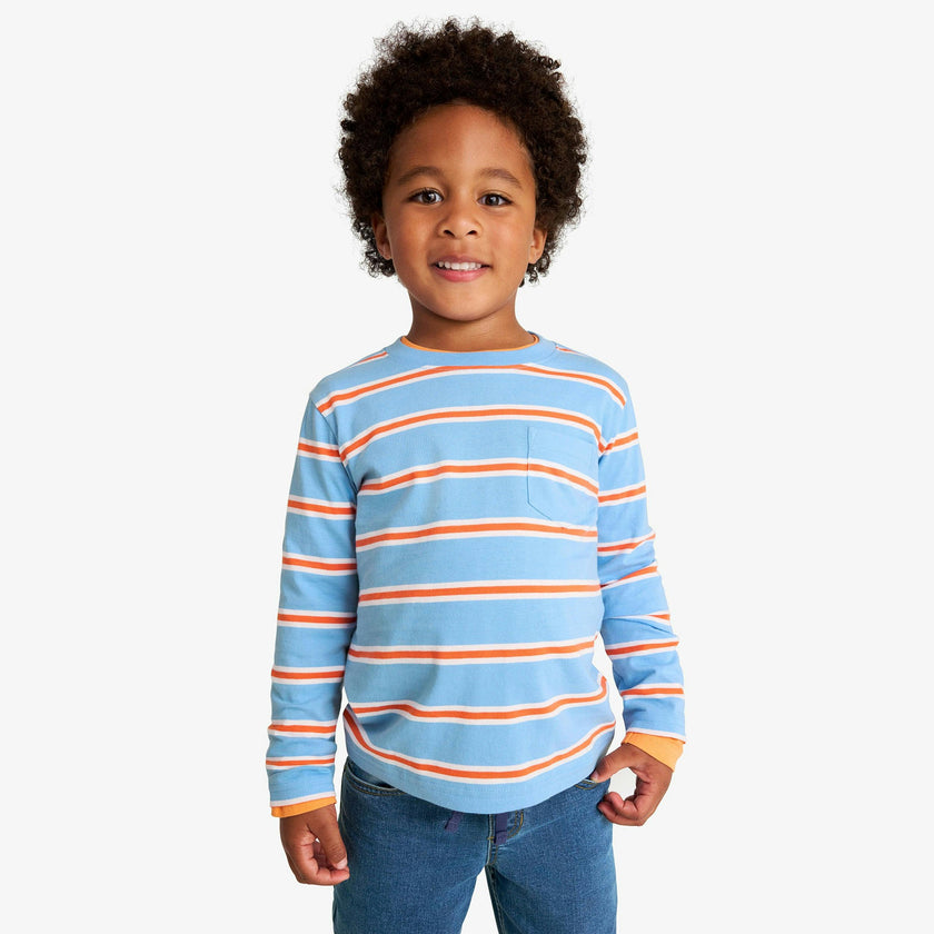 Kids long sleeve pocket tee in varsity stripe