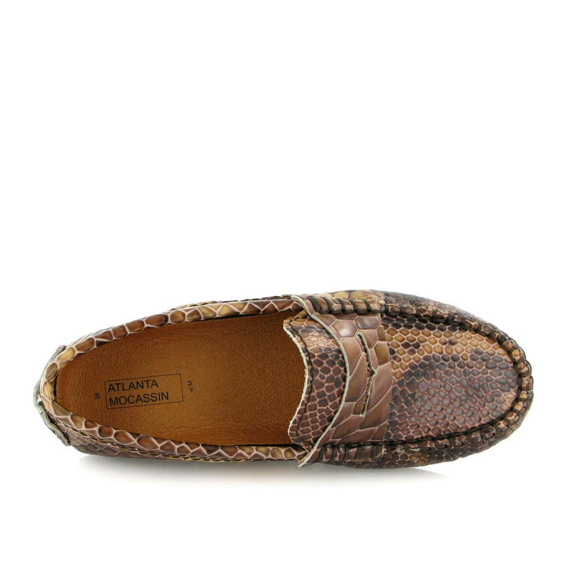 Snake Effect Leather Penny Moccasins, Camel