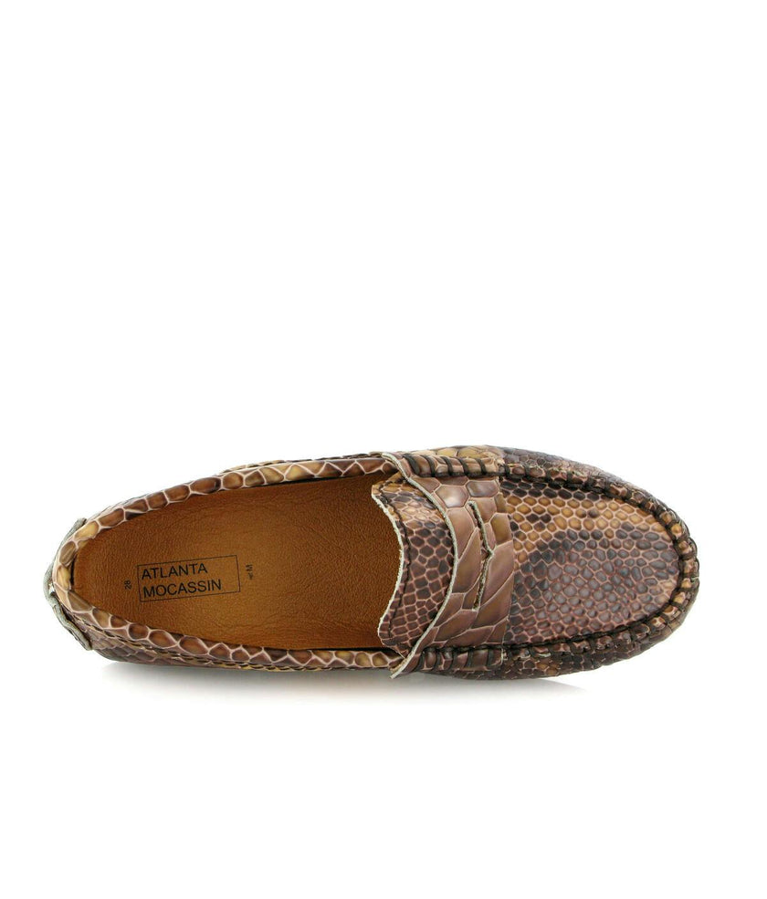Snake Effect Leather Penny Moccasins, Camel