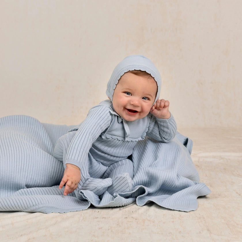 Scallop Trimmed Rib Knit Romper & Bonnet