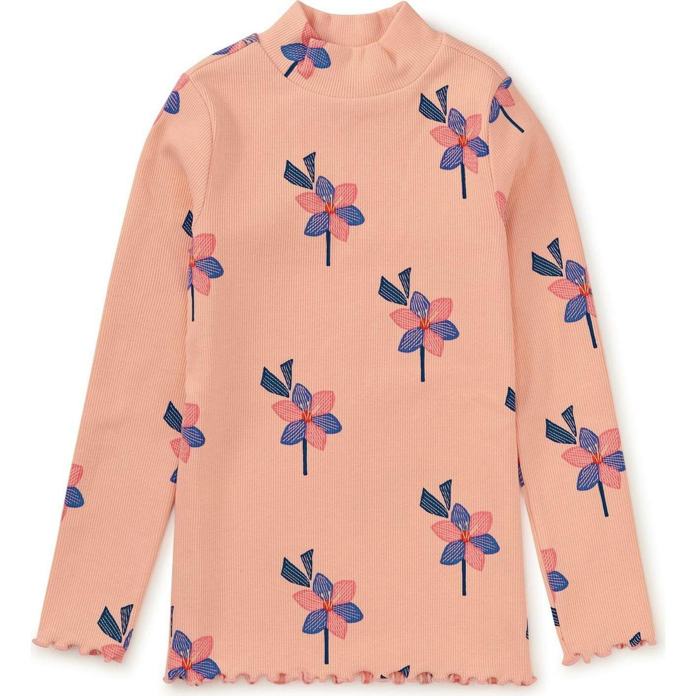Floral Print Ribbed Long Sleeve Mock Neck Top, Yellow