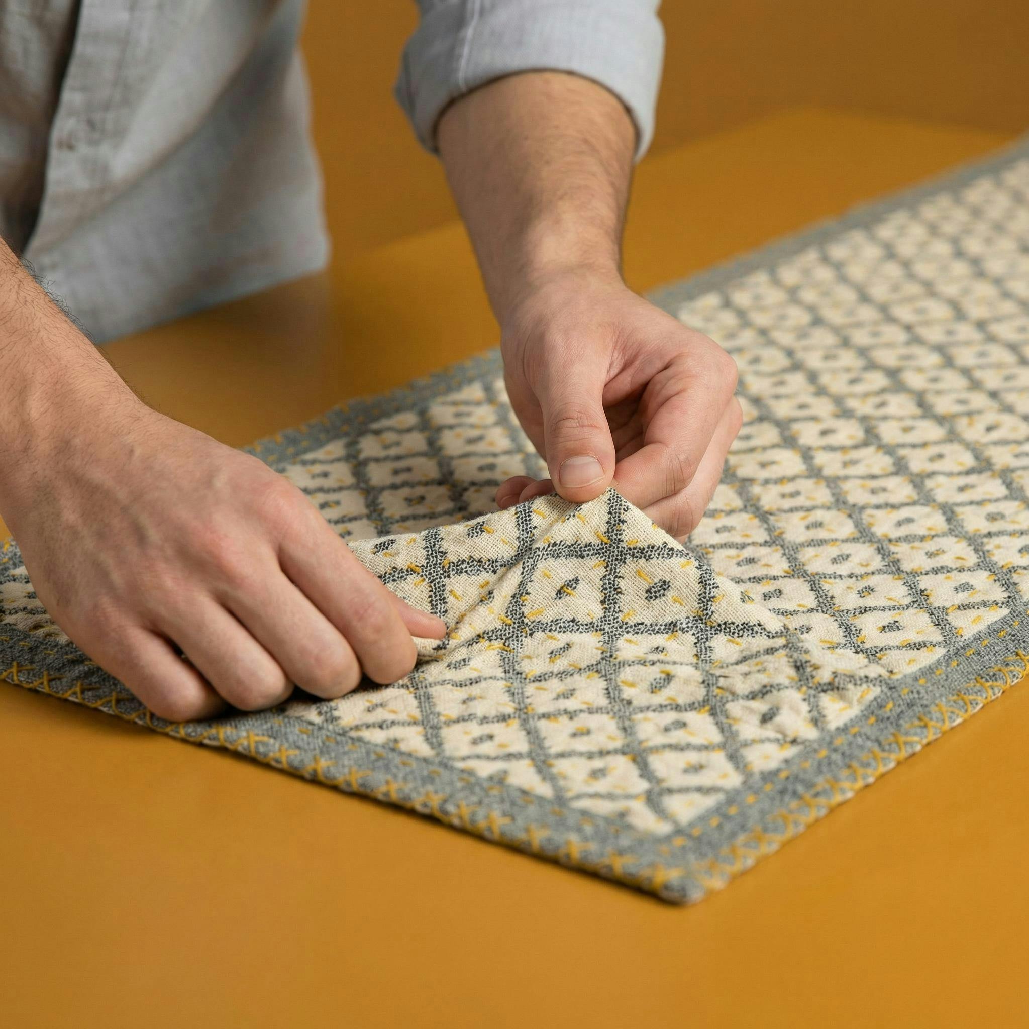 Artisan Hand Loomed Cotton Table Runner - Gray Yellow Stitching - 18