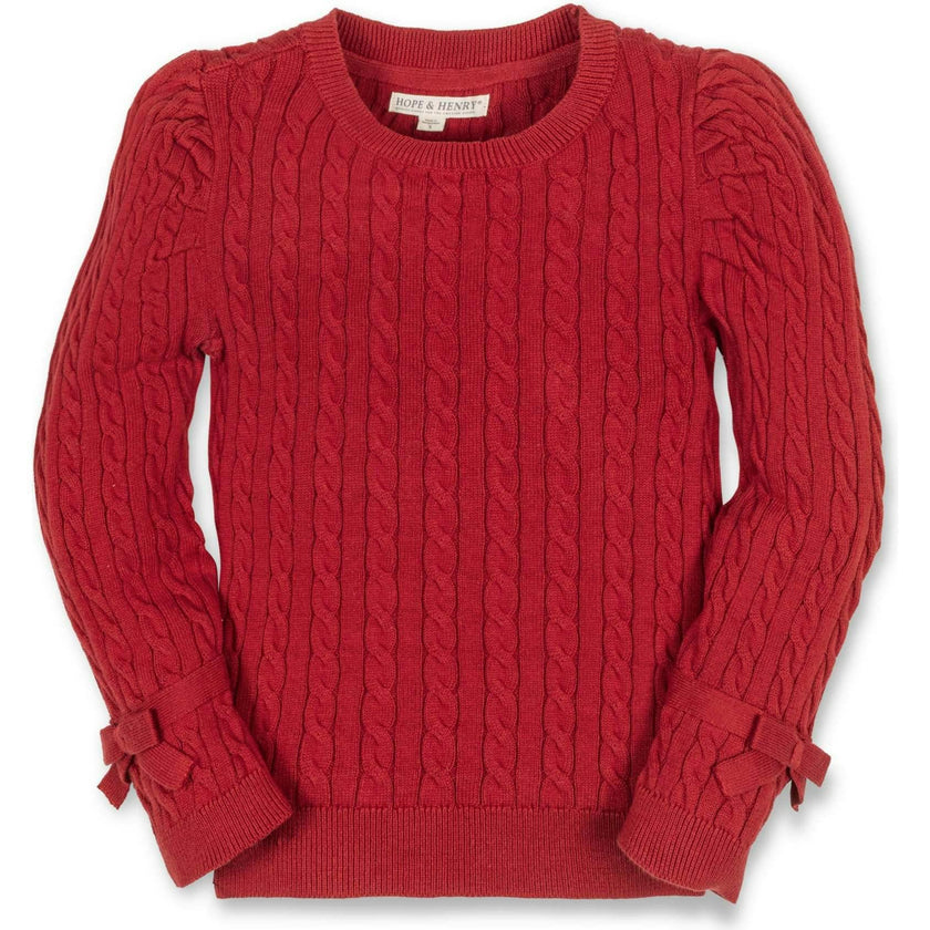 Girl Organic Long Puff Sleeve Sweater with Bow Detail, Red