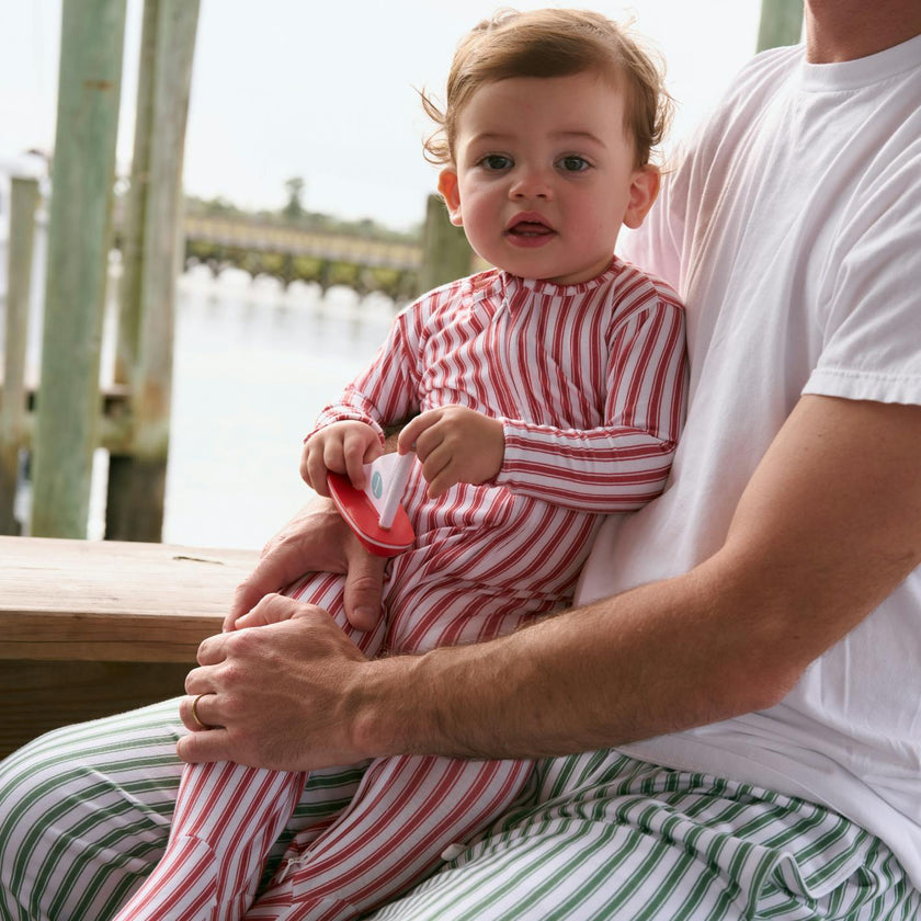 baby ribbon ticking stripe pima footie